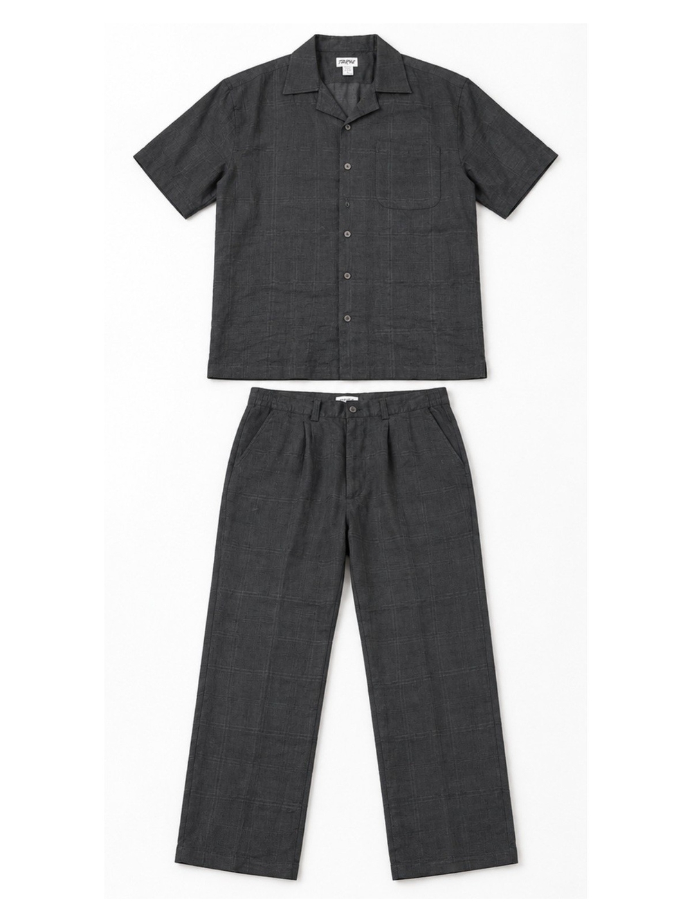 TaR42 Men’s 100% Linen Two-Piece Shirt & Pants Set Black Plaid L / 34
